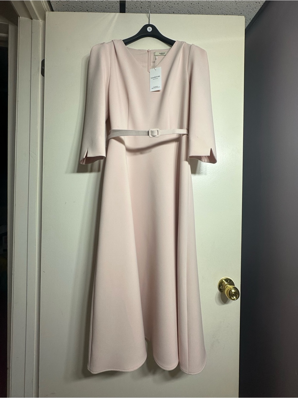 Elegant Women's Blush Pink Belted A-Line Dress